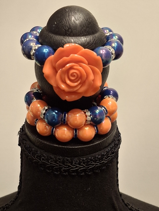 Jewelry - Elegant Orange Rose & Blue Beaded Stretch Bracelet Set